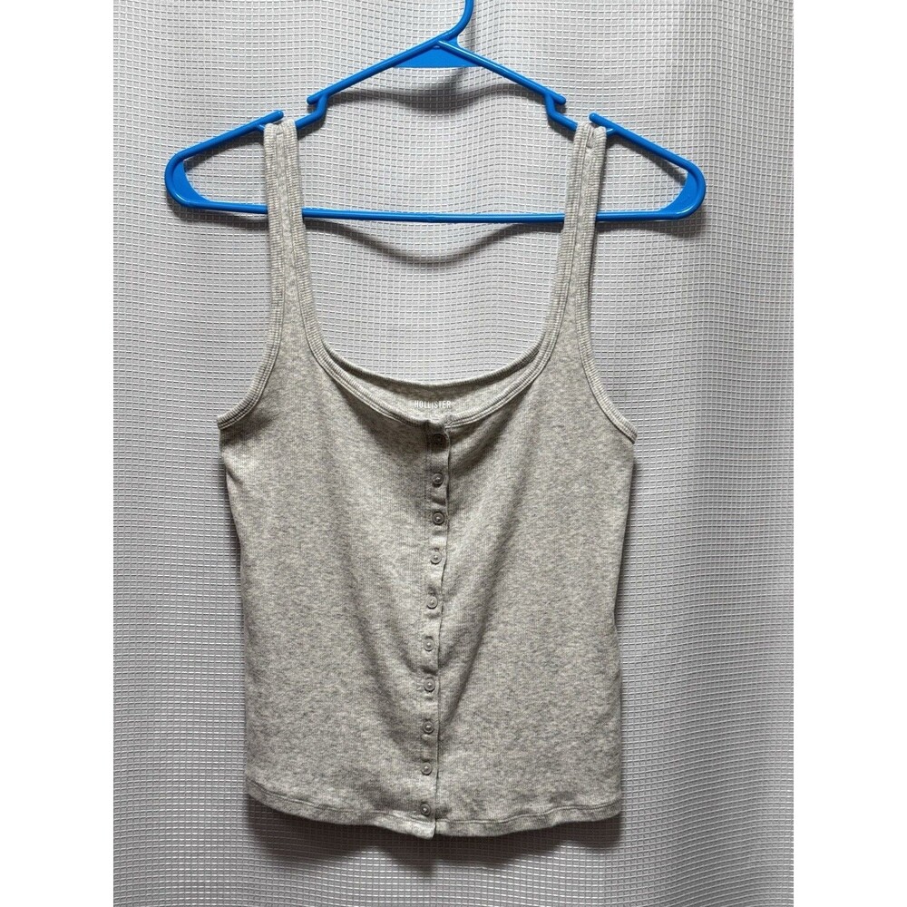 Hollister Women’s Medium Gray Ribbed Button Front Tank Top Stretch Henley Y2K